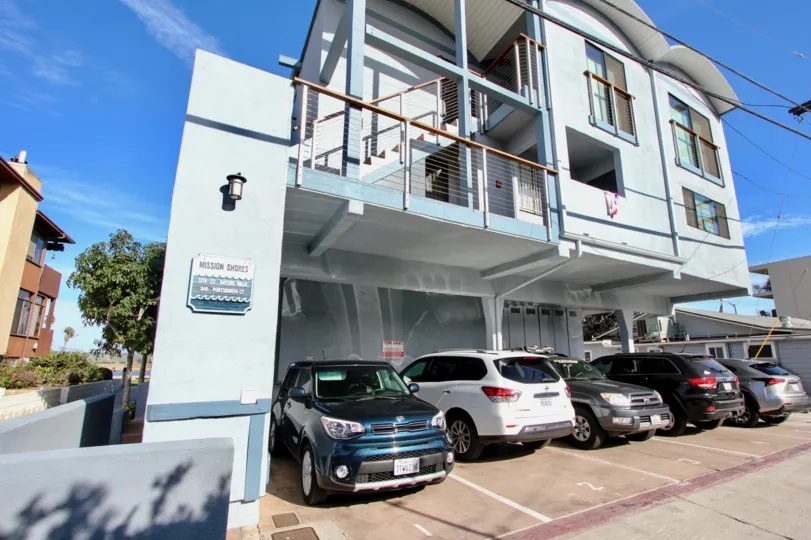 Eye-catching facade with tuck-under parking at Mission Shores in Mission Beach, California.