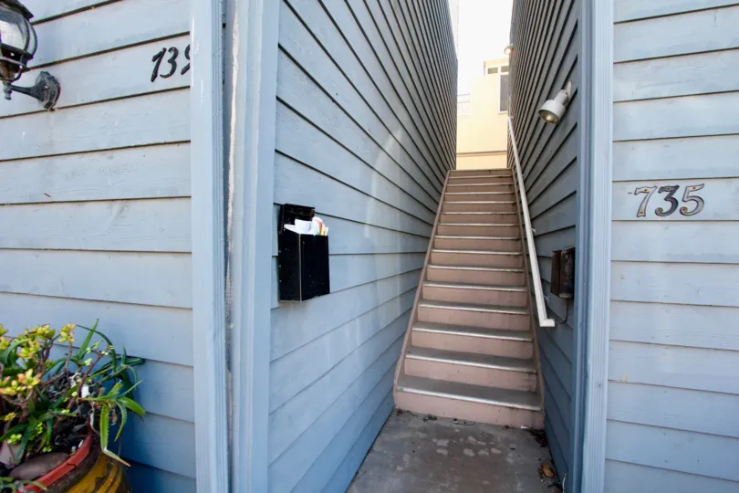 Stairs and a mailbox at the O'Bryan Condos in Mission Beach, CA