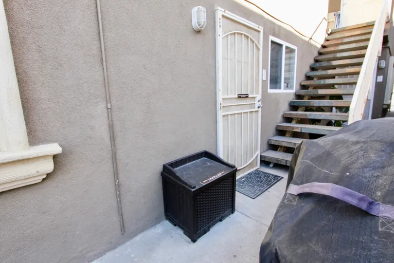 Closer view of staircase and front yard of an apartment i San Fernando Bay Villas, Mission Beach, California