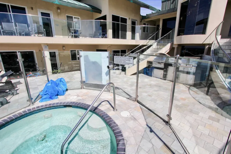 A view from the pool at the Surf Rider apartments in Mission Beach, California