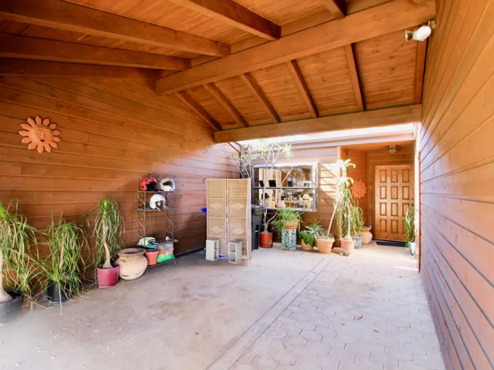 A sunny day in the area of Columbia Point, potted plants, garage, door, shelves