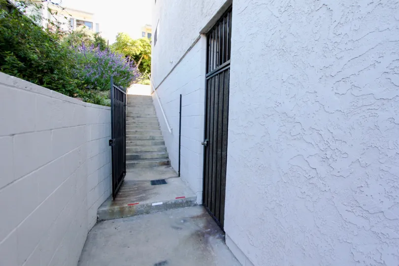 Narrow, classic basement entry, with stunning foliage to Harborview Terrace.