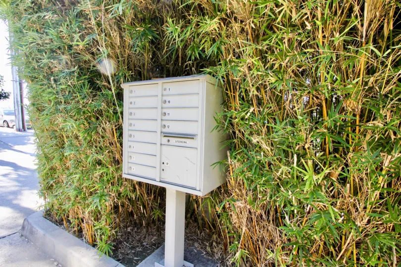 A sunny afternoon in the area of Moddom, mailboxes, bushes, entrance