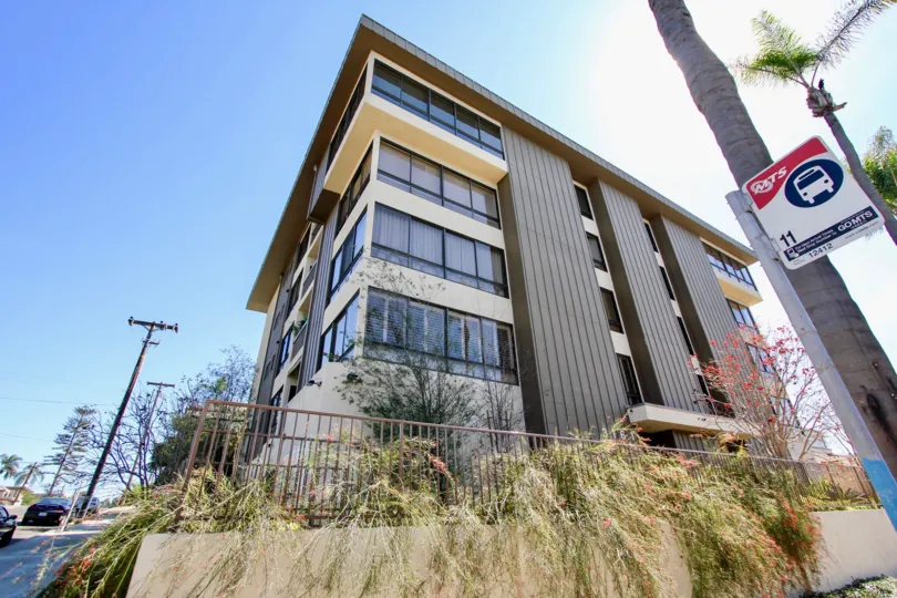 View of residential building and street view in the Sprucewood community of Mission Hills, California
