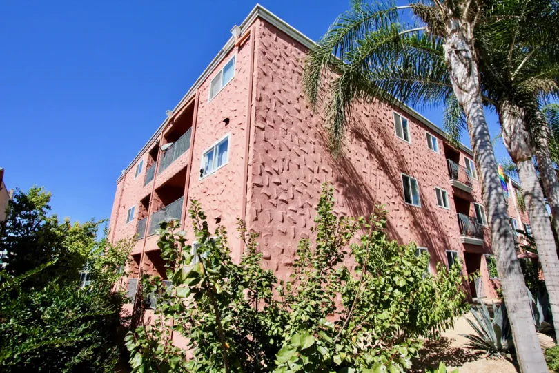 Rugged design elevation wall with balconies in Terrace Village.