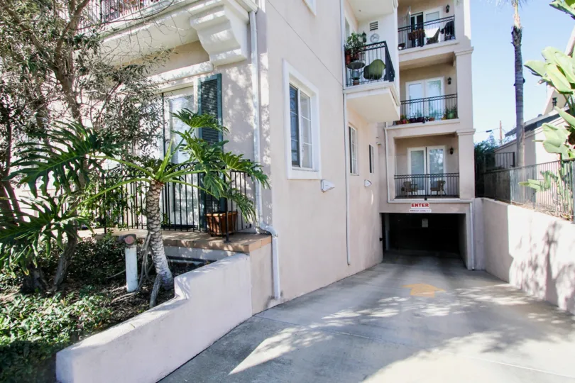 Parking garage entrance for the Villa Portofino on Front community in Mission Hills, California.