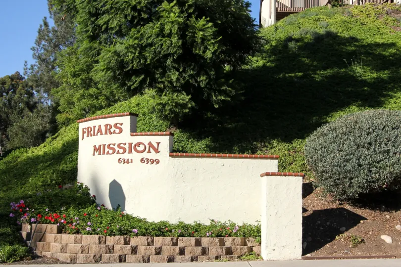 Friars Mission sign outside of Cerro De Alcala in Mission Valley, California