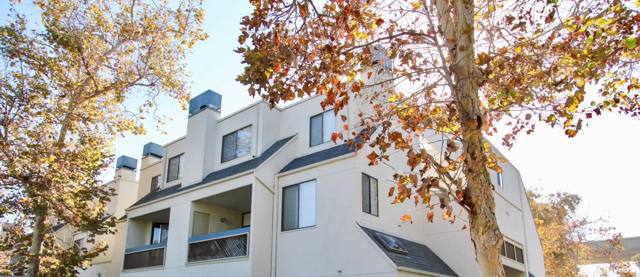 Outside view of Creekwood at River Run building in Mission Valley, CA. Two trees in the foreground. White building. Daytime.