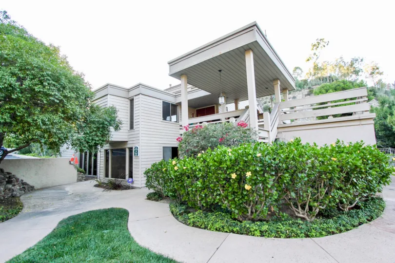 Kensington Park Villas,Mission Valley ,California, white building,bushes