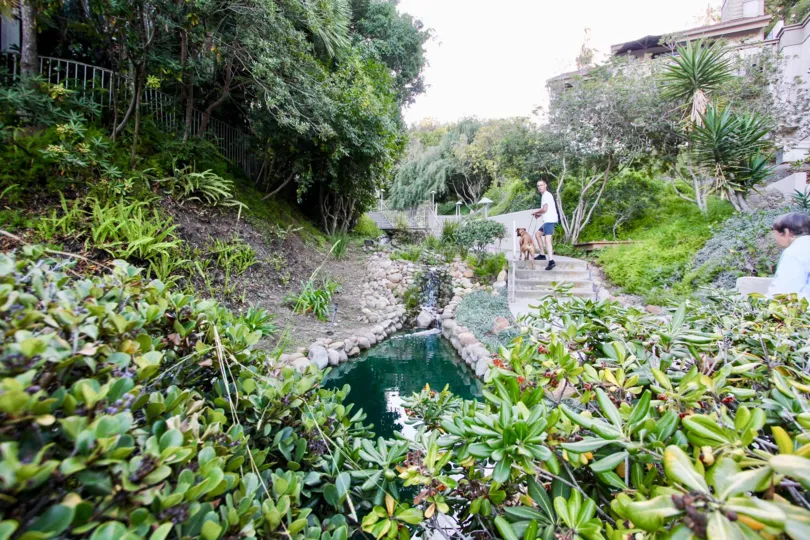 Beautiful garden walkway with stream and lush greenery in Kensington Park Villas in Mission Valley