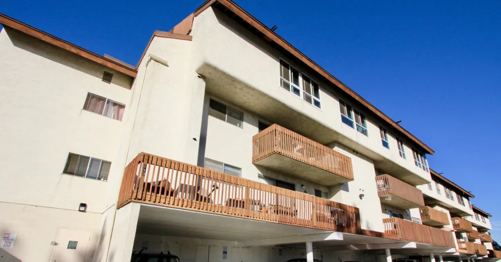 Exterior shot of apartment building, Mission Verde community, Mission Valley CA
