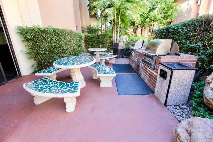 BBQ area next to a residential structure at Mission Village in Mission Valley California