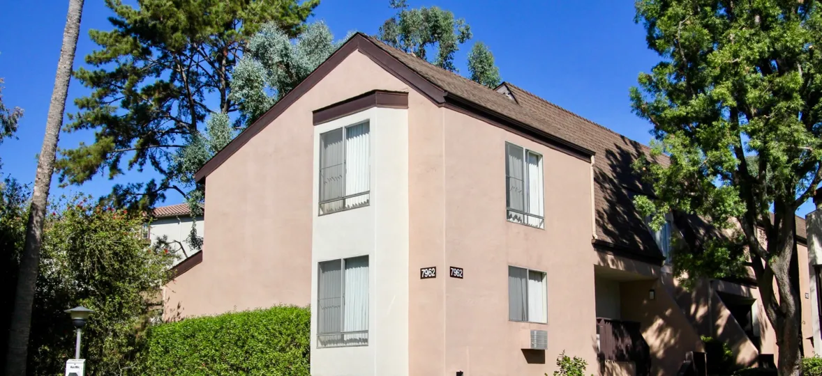 A peach building in the Park Villas North community of Mission Valley CA.