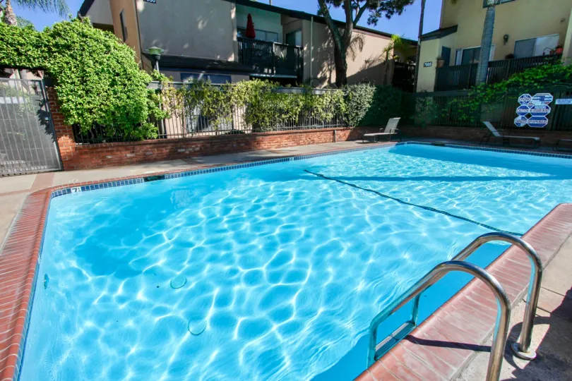 A sunny day poolside in the area of Park Villas North, ladder, pool, fence, warning signs