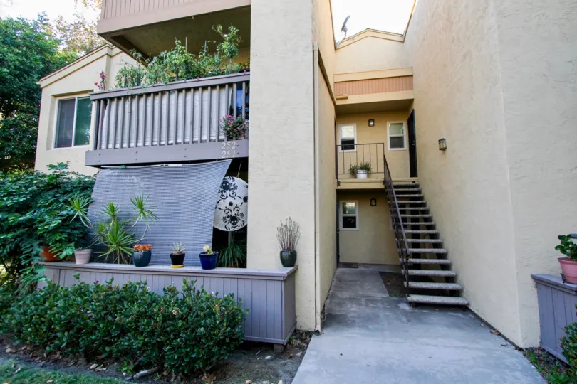 A view of the stairs of an apartment building in the Rancho Mission Villas community in Mission Valley, California