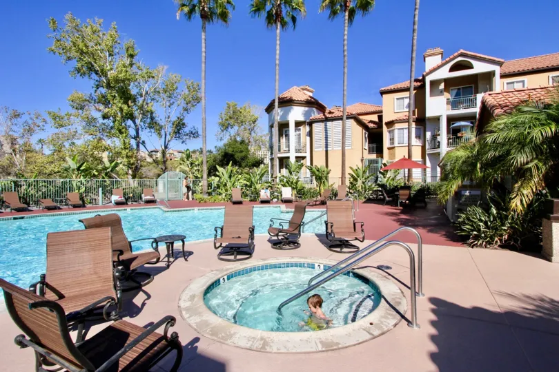 A hot tub and swimming pool are enjoyed by guests at River Colony in Mission Valley, California
