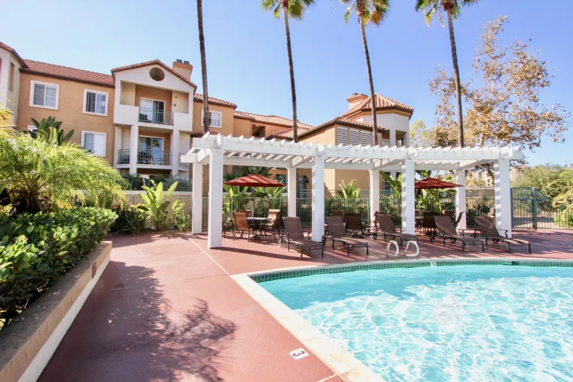 A pool below a tall three story apartment in River Colony in Mission Valley California