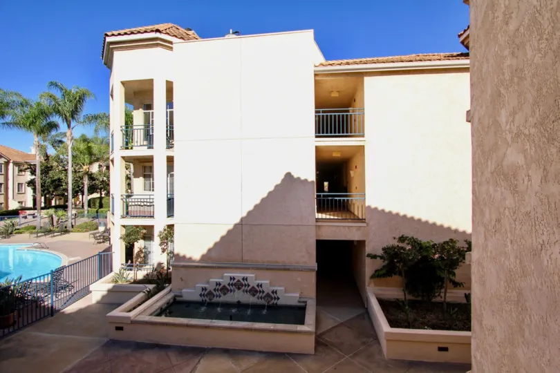 Side View of River Scene Condos Showing Pool, Terraces and Stairwell, Mission Beach, CA