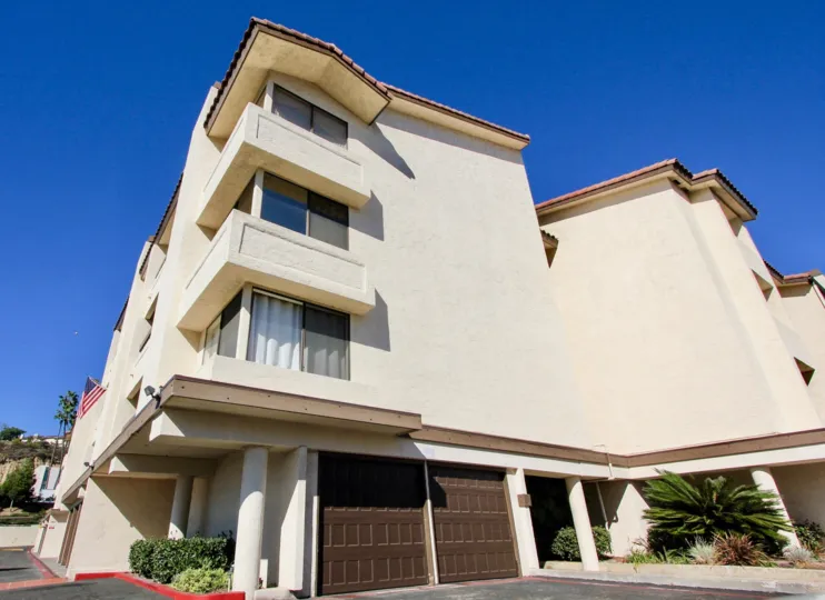 An apartment-style building in the River Scene community in Mission Valley, California