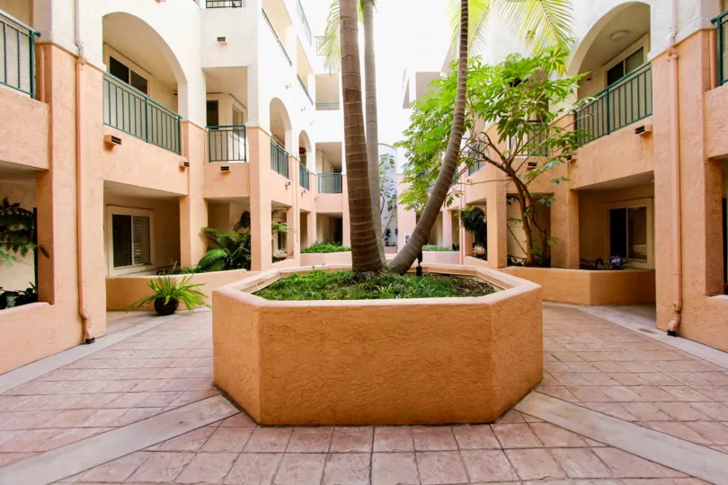 Inner courtyard at River Scene in Mission Valley, CA. View of trees and plants around 4 stories.