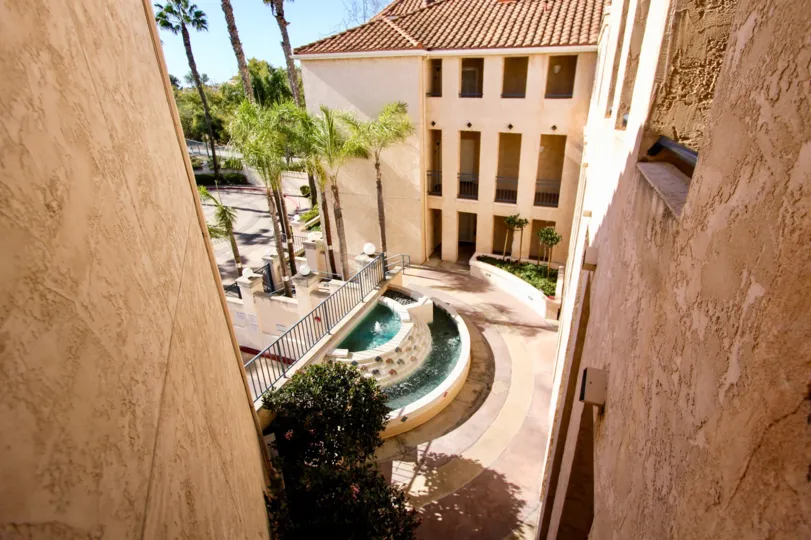 River Scene, Mission Valley, California, condo, appartment, water fountain, palm trees, three floors