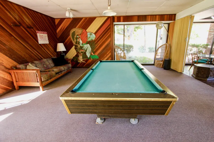 Pool table in a room at The Bluffs in Mission Valley, CA. Daytime. Room contains carpet, a futon, and a moveable room divider.