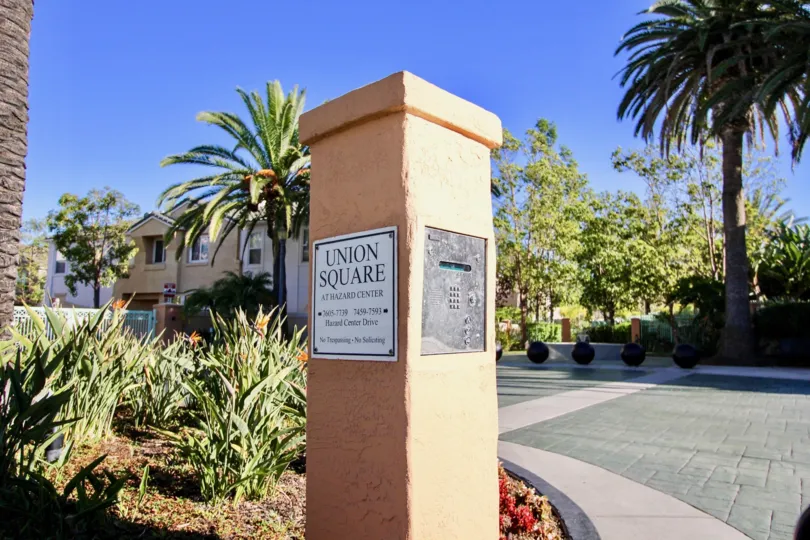 A view of a tower with keypad in the Union Square community in Mission Valley, California