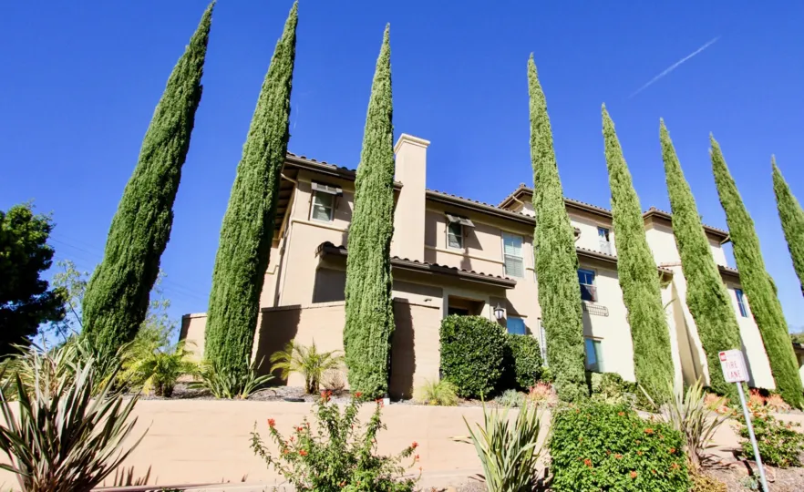 Verandas at Escala , Mission Valley .California. conical trees,beige building
