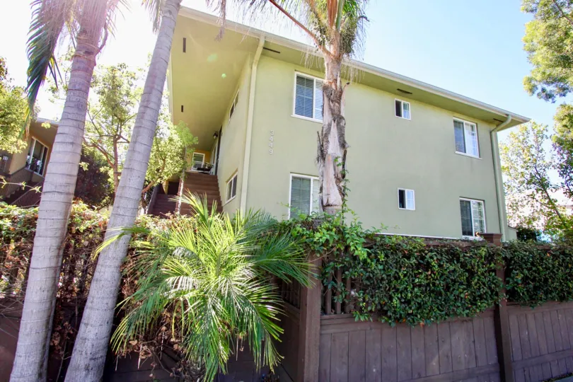 A sunny day in the area of Adams Ave at the Park, paalm trees, wooden fence, stairs, windows, condos