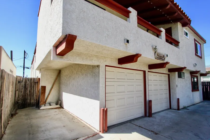 Corner side view with garage door of Casa Felton, Normal Heights, CA
