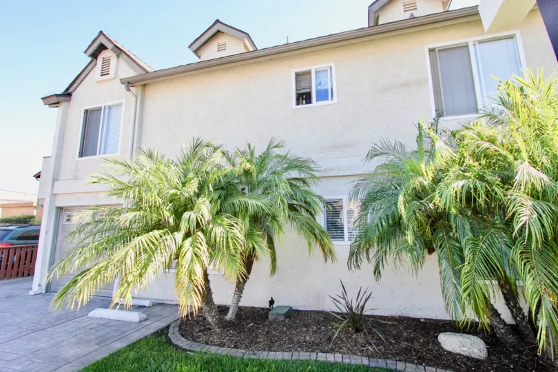 A sunny day in the area of Element on Iowa, outside, ferns, garage, car, balcony, windows, driveway