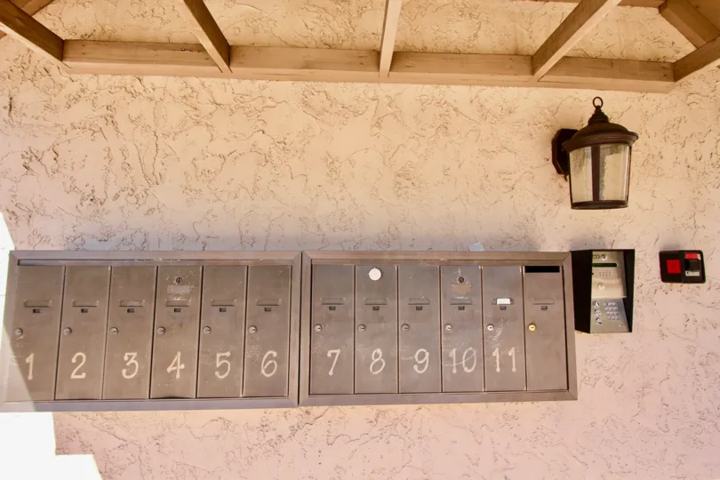 Mail boxes, Hilltop Condominiums, Normal Heights, California, Secure Entrance, Lighted, Stucco, tan