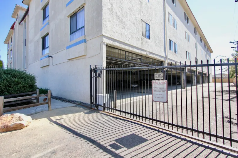 Outside the automatic gate to Monroe Manor in Normal Heights, California