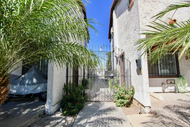 A sunny day in the area of Monroe Villas, gate, flowers, palm trees. sidewalk