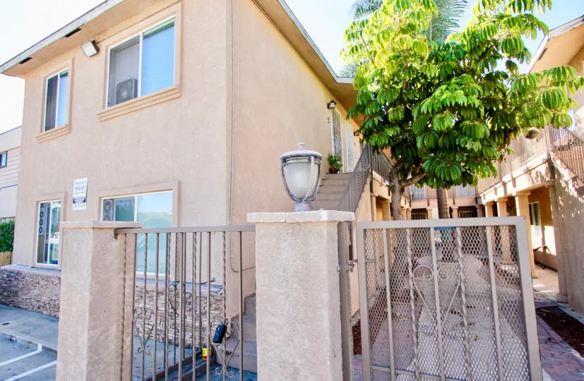 Corner view with stair and gate of Palm Terrace community, Normal Heights, CA