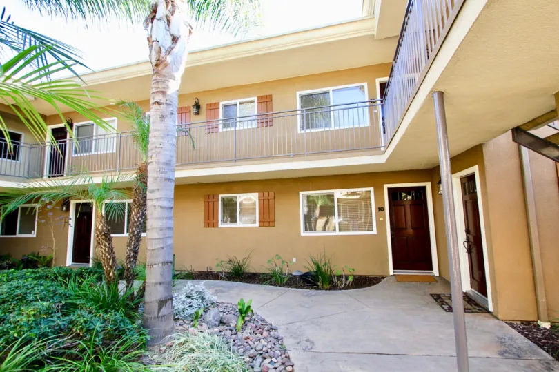 Sunny courtyard shot of units with palm trees, rocks and gardens.