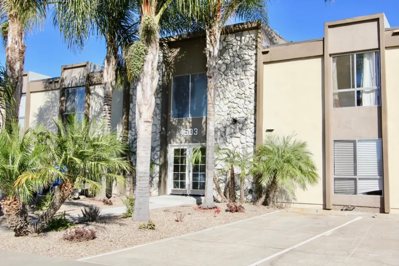 A sunny view of a building in The Haven complex in Normal Heights, California.