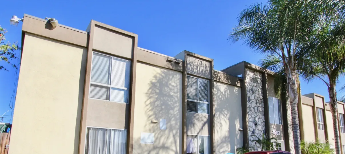 View windows of apartment building at The Haven in Normal Heights, Ca.