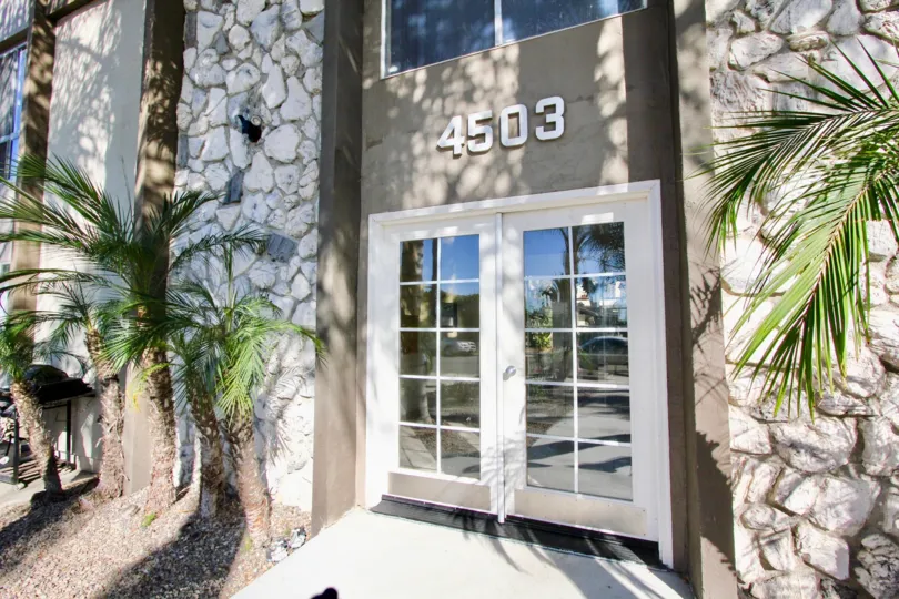 Front entrance with address number at The Haven in Normal Heights, Ca.