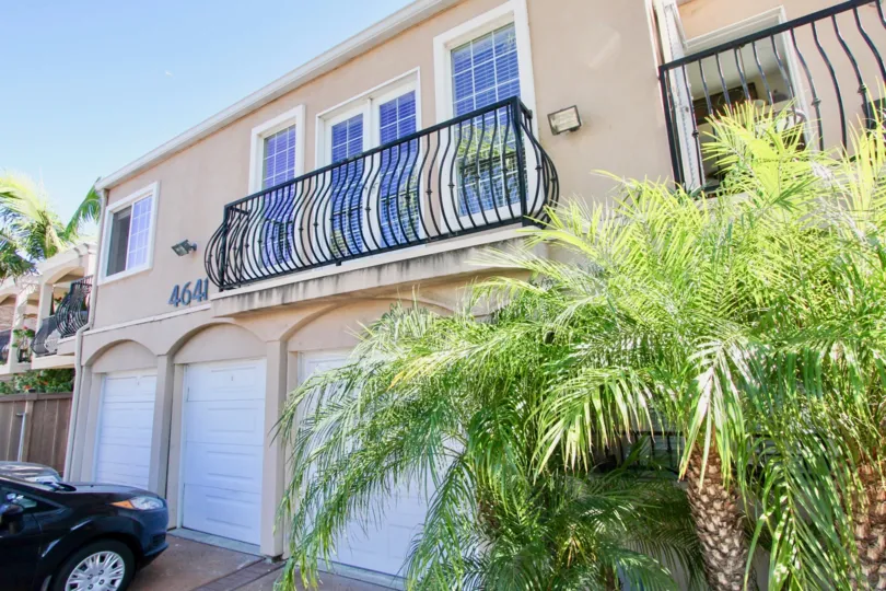 Garages and balcony of an apartment at Villa Bonita in Normal Heights, Ca.