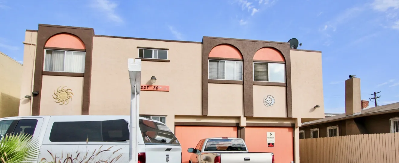 A view of the condomuniums from the parking lot at 36th Street Condos in North Park, California