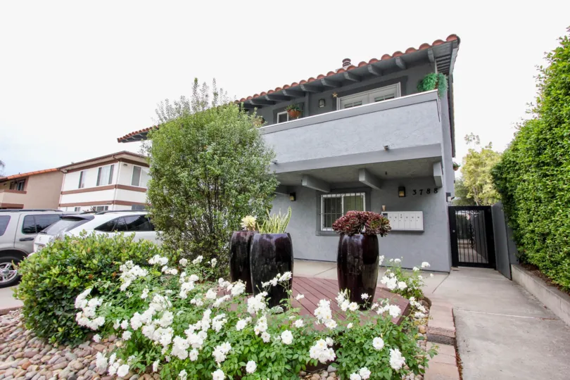 Front of house with beautiful flowers in front yard and little tree in the 3788 Grim Ave