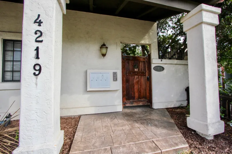 Front of the house with numbers written vertically on one of the pillar in 4219 Felton St of North park.