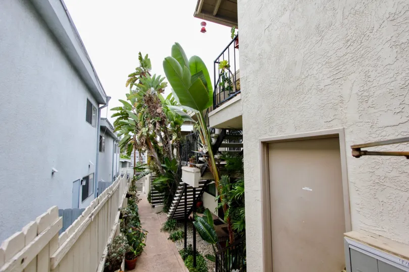 Walkway lined with residential buildings at Alabama Villas in North Park California