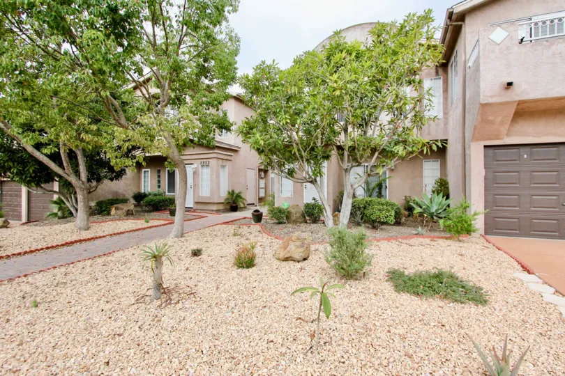 Residential buildings surrounded a rock garden at Cameo in North Park California