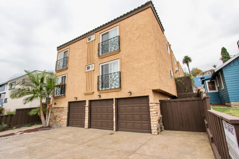 Interesting apartment structure with small balconies at Florida Terrace in California