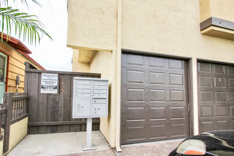Condo mailbox and garages, Iowa Street Condos, North Park, California