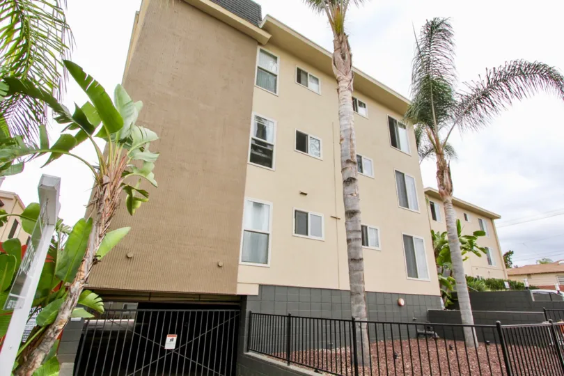 The exterior of the three story Louisiana Condominiums with palm tree landscaping and below structure parking.