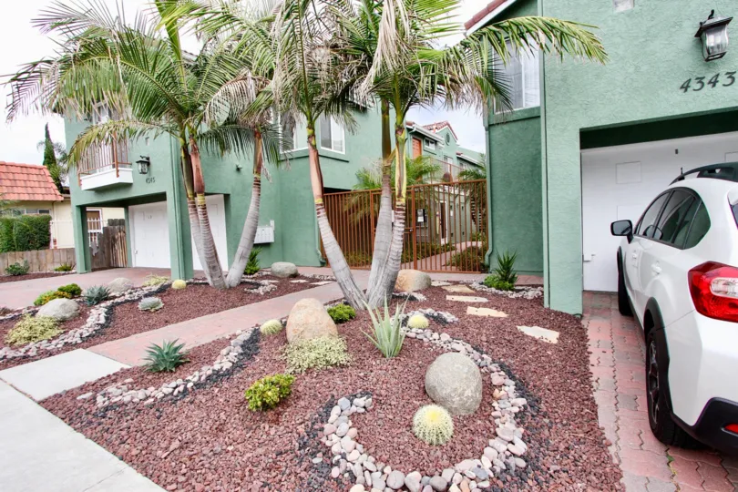 The beautifully landscaped area of Majestic Palms in North Park, California.