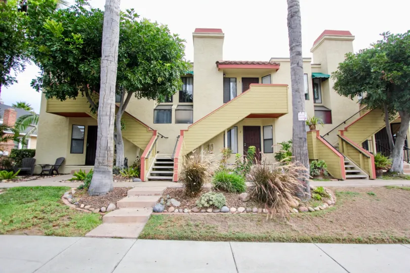 North Park River Oats, North Park, California, stairs, palm trees, grass, two story, apartments, rocks